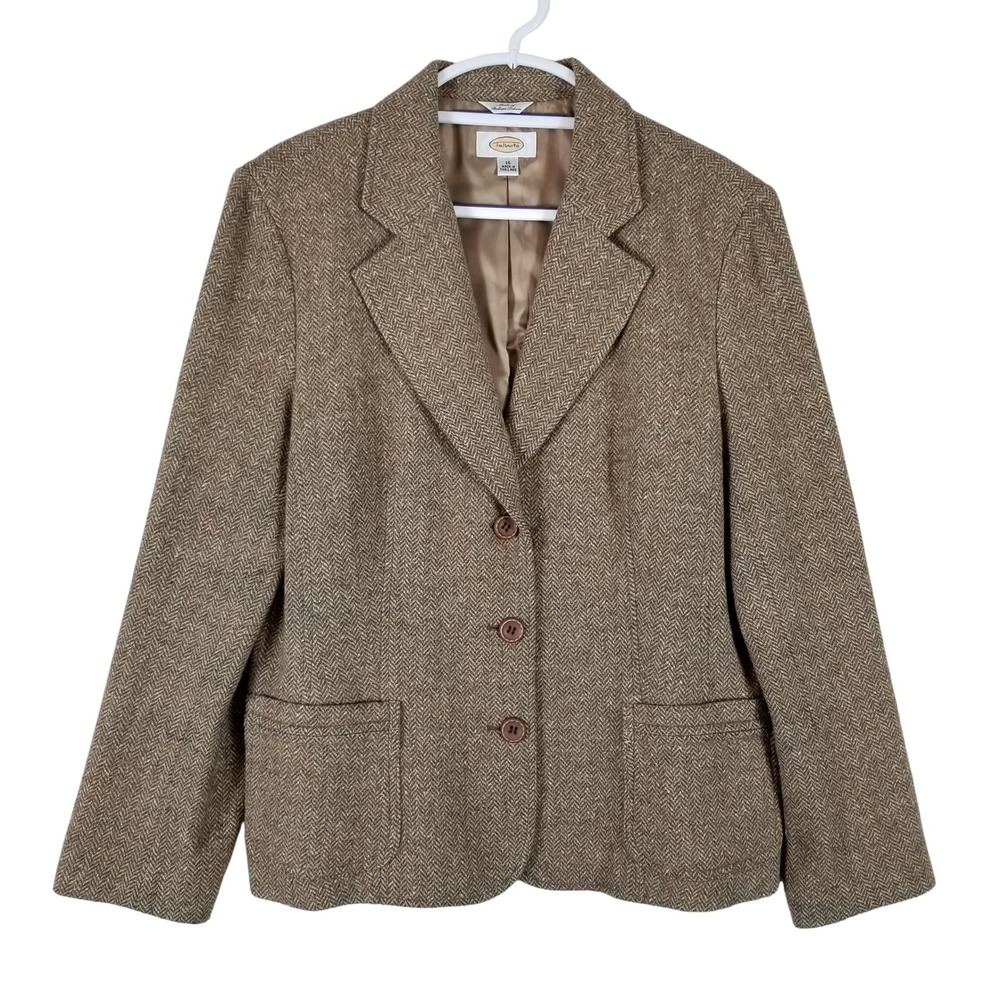 Talbots Blazer Women 16 Brown Herringbone Tweed Wool Silk Italian Fabric‎